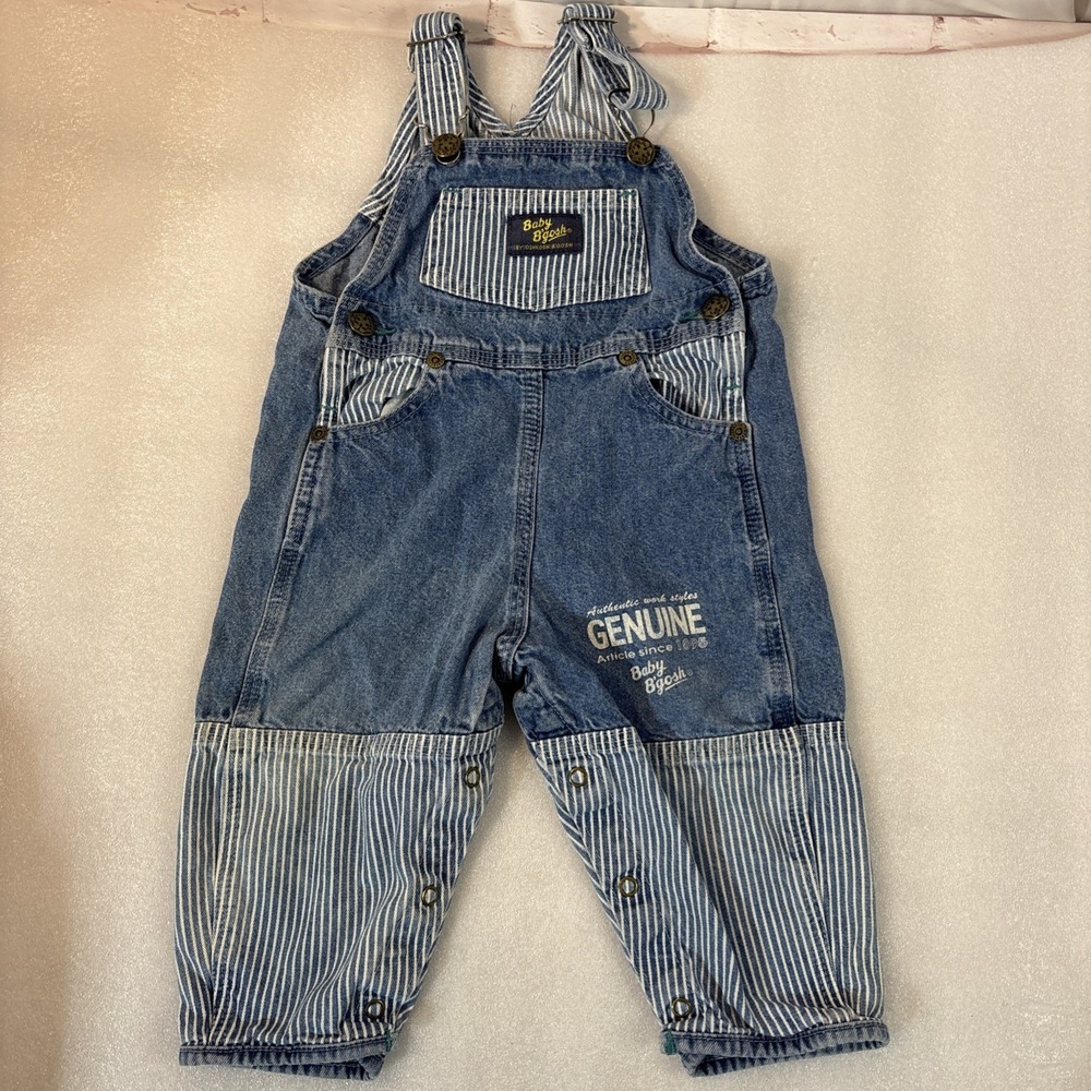 OshKosh B'Gosh Denim Blue Railroad Stripe Bubble Overalls Sz 18 M Vtg Vestbak
